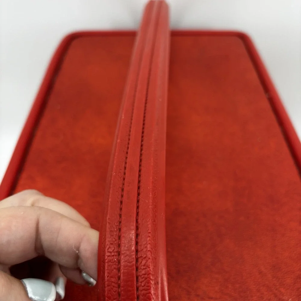 Red Orange Train Vanity Case Vintage Luggage Sesame Lined Snap Closing